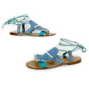 Santoni Suede Leather Flat Sandals Blue Silver Fringe Seashell Lace Up Beach 7